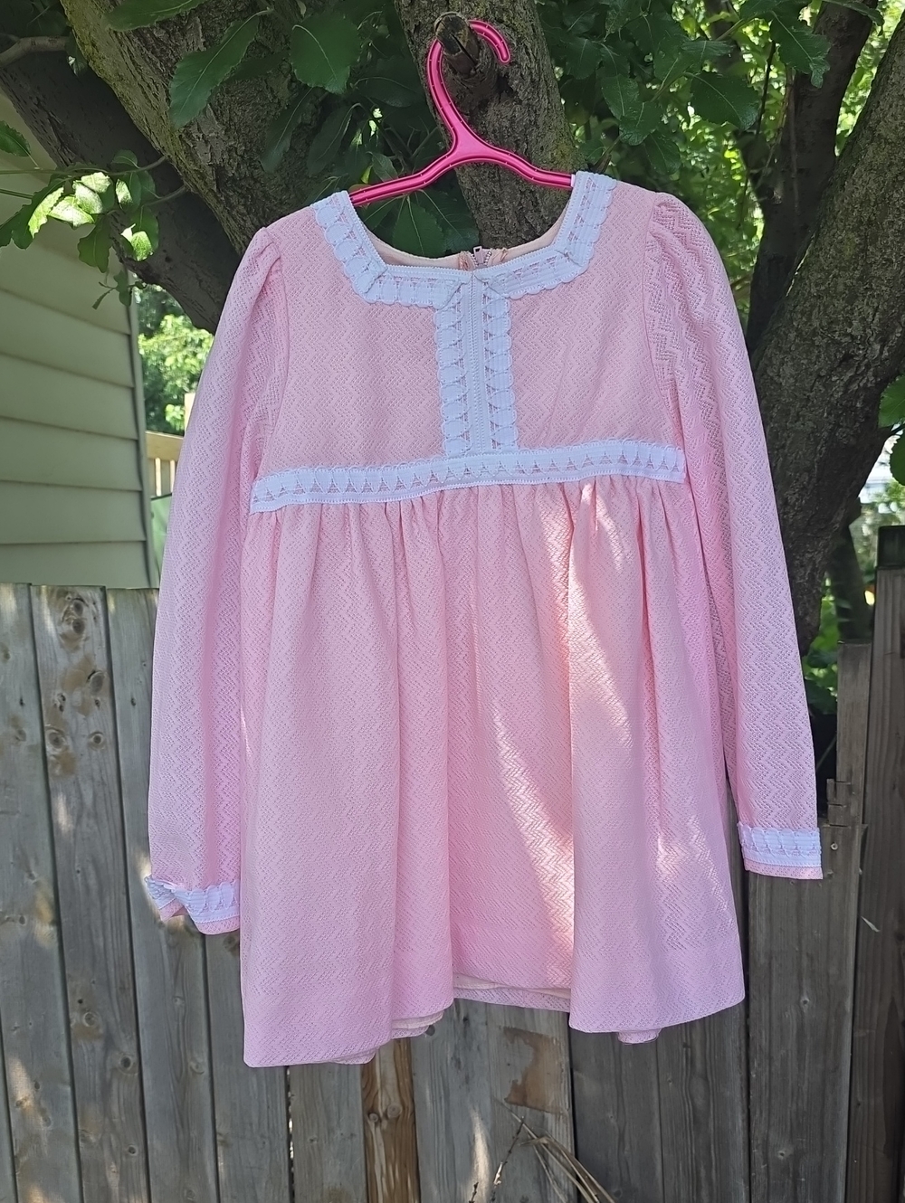 Pink Long-Sleeve Girls' Formal Dress with White Trim